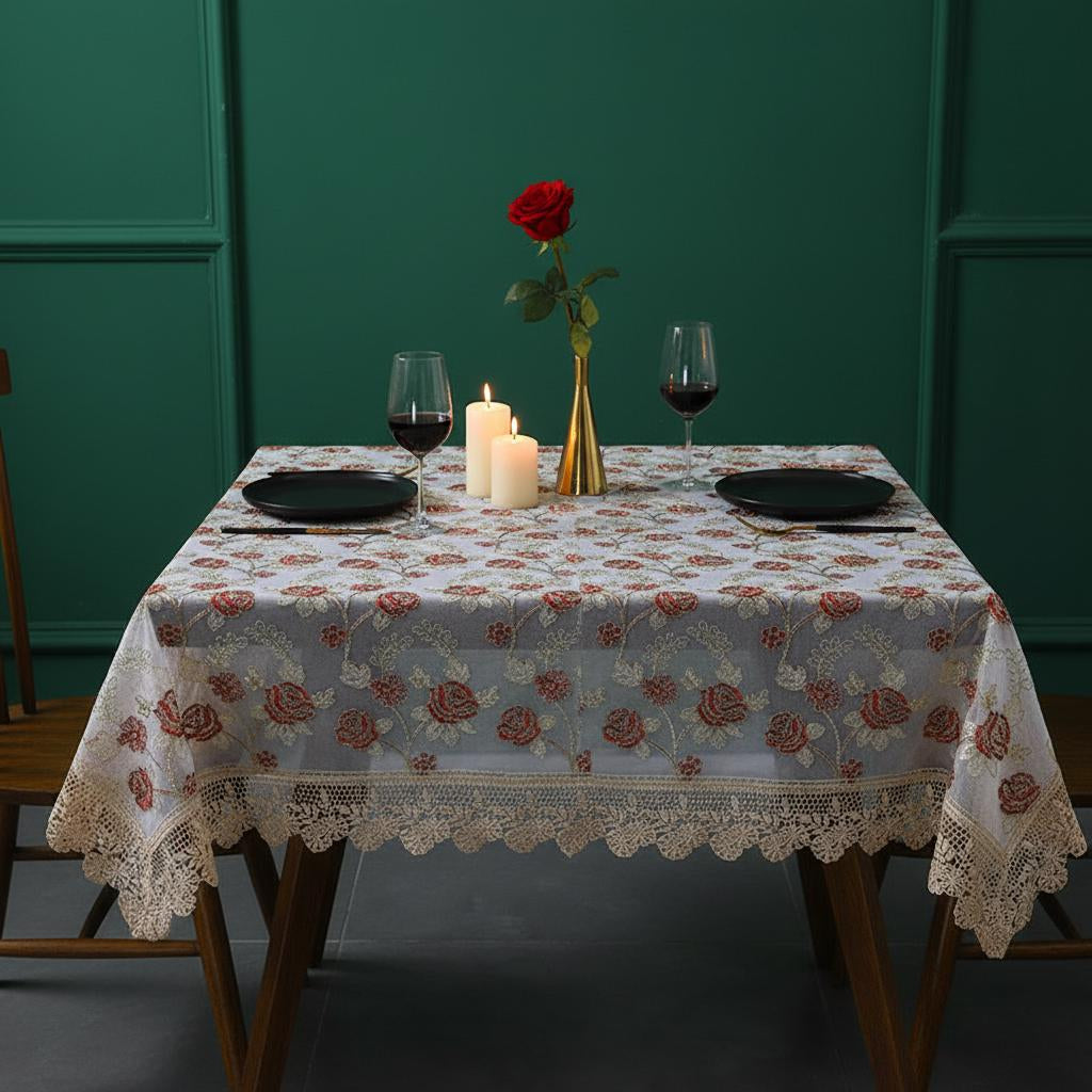 Embroidered lace rose tablecloth — vintage floral table cover, view 4