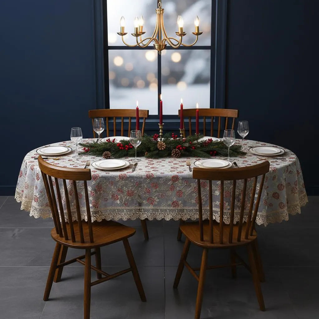 Embroidered lace rose tablecloth — crochet lace trim detail