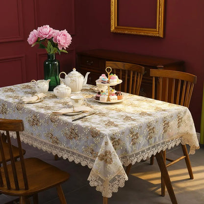 Embroidered lace rose tablecloth — rose embroidery close-up