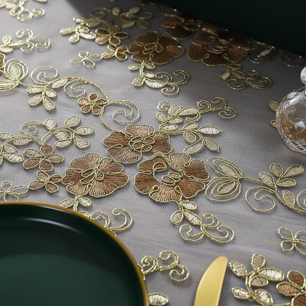 Embroidered lace rose tablecloth styled on dining table