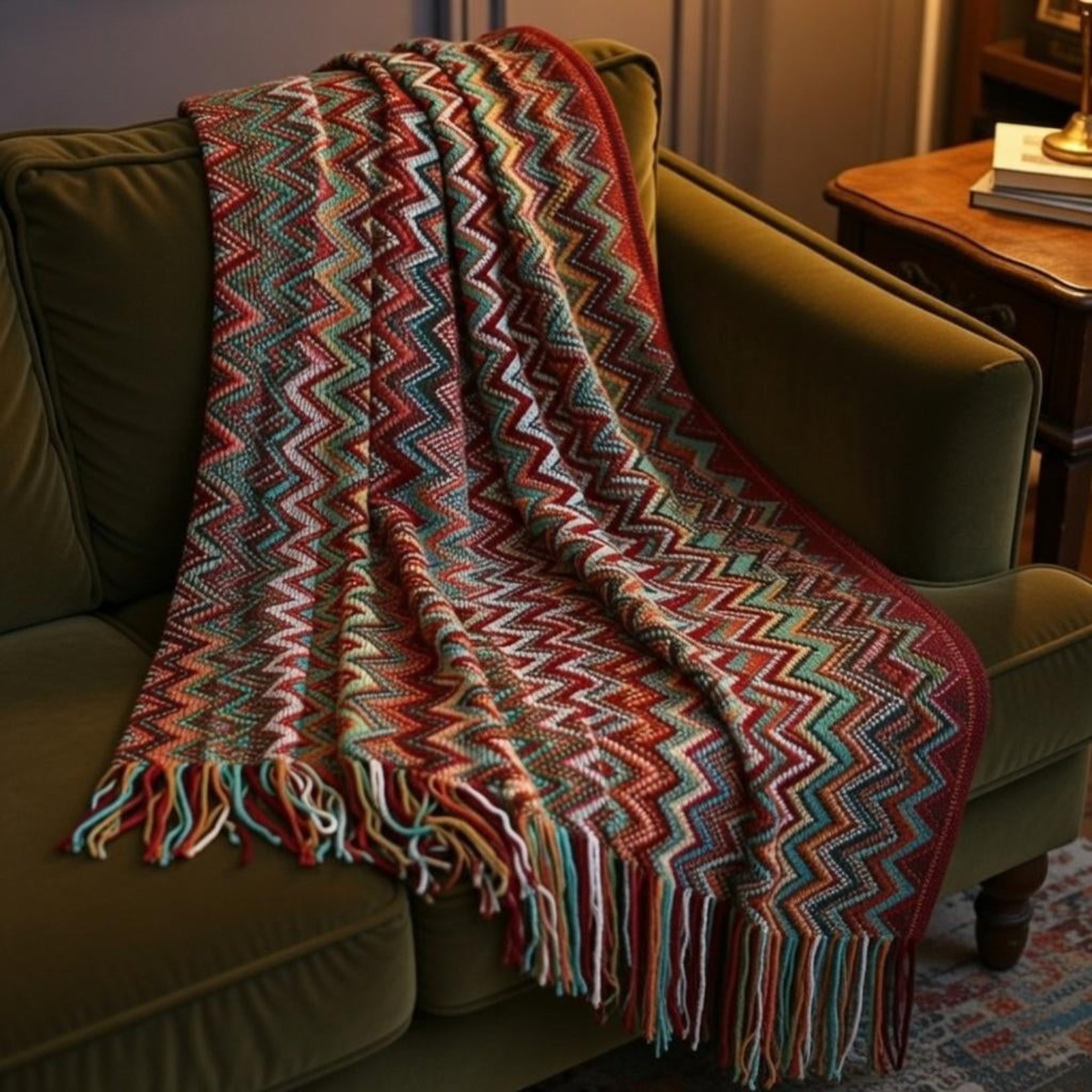 Aztec home decor throw draped over green velvet accent chair