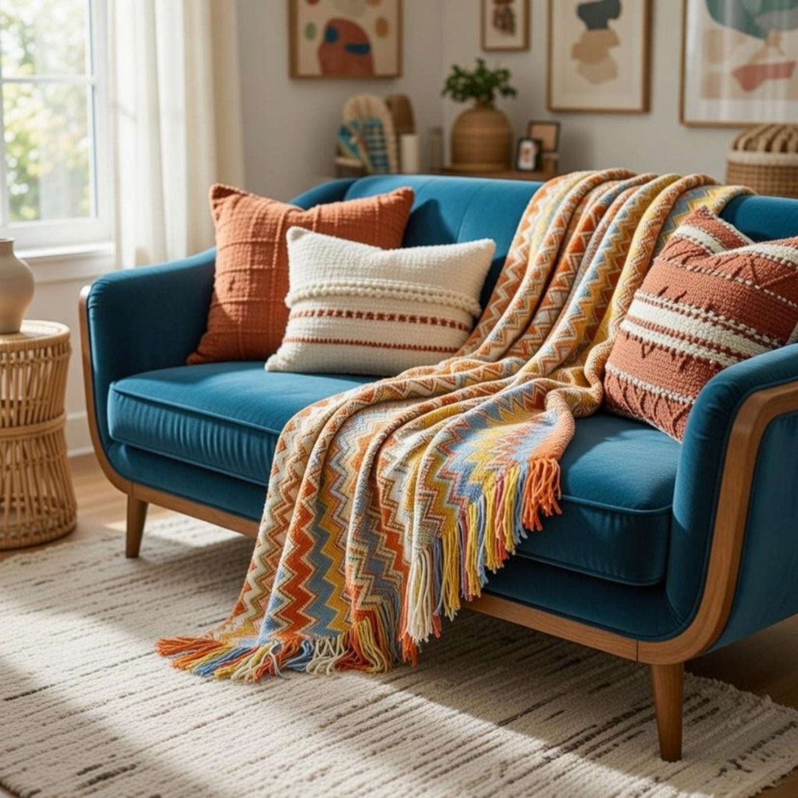 Red and orange throw blanket draped on blue velvet sofa with pillows