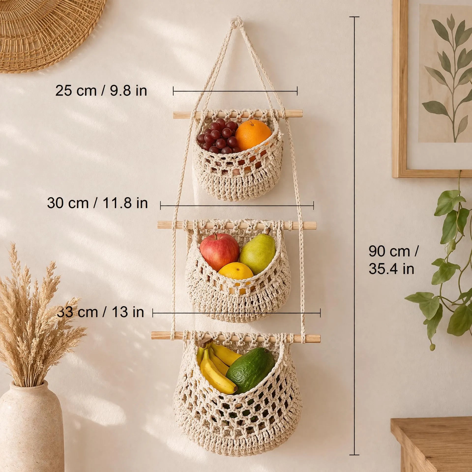 Macrame hanging basket size guide: top tier 25cm, mid 30cm, bottom 35cm, wooden dowel frame