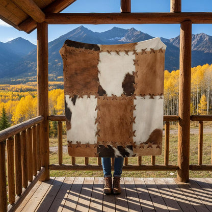 Faux cowhide throw blanket — western patchwork flannel, main view