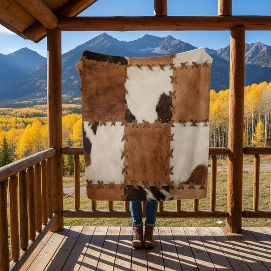 Faux cowhide throw blanket — western patchwork flannel, main view