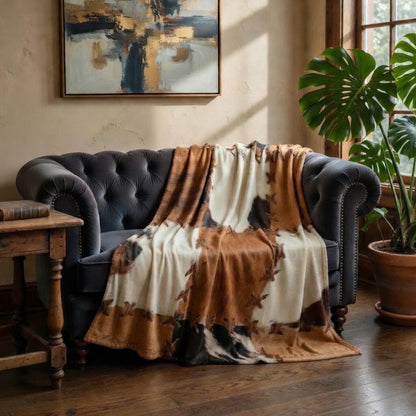 Faux cowhide throw blanket draped over couch