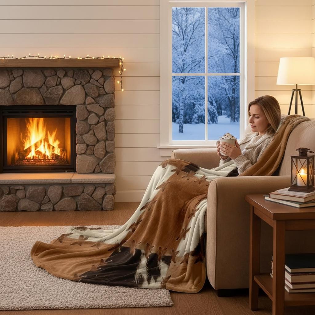 Faux cowhide throw blanket — printed patchwork detail