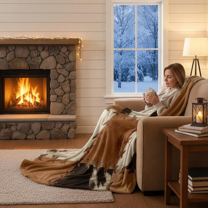 Faux cowhide throw blanket — printed patchwork detail