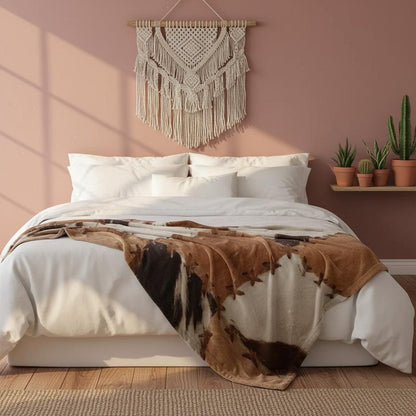 Faux cowhide throw blanket in rustic bedroom