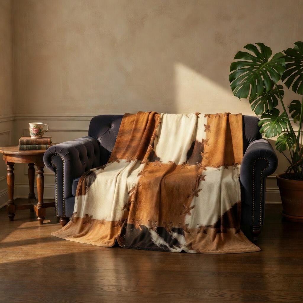 Faux cowhide throw blanket, view 12