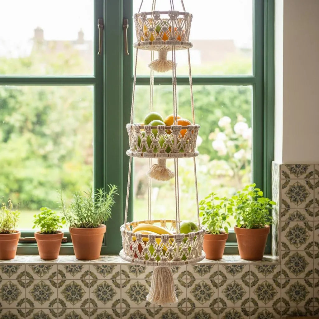 Macrame Tiered Fruit Hammock | Boho Kitchen Storage | Handmade Veggie Organizer 1 2 3 Tier