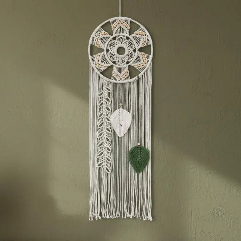 Macrame Wall Hanging Dream Catcher | Mandala Boho Wall Decor Wood Beads Green Leaf Fringe