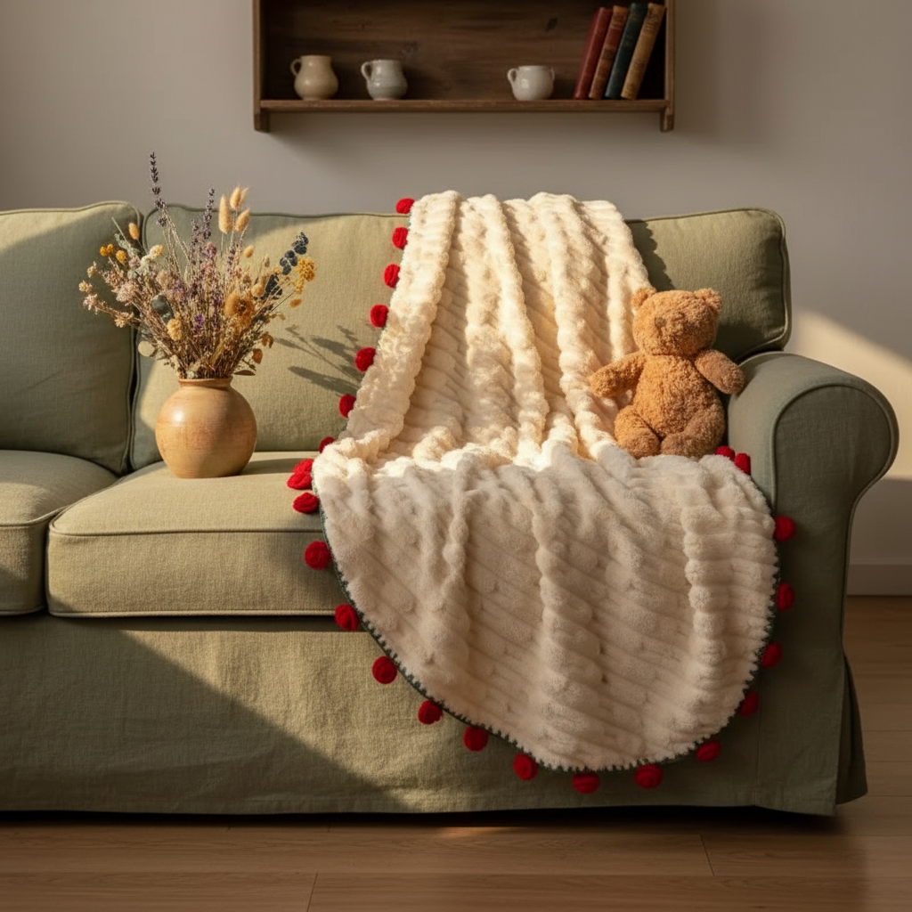 Cream rose bouquet throw blanket on beige sofa with teddy bear — cozy sofa blanket soft floral gift for women home styling