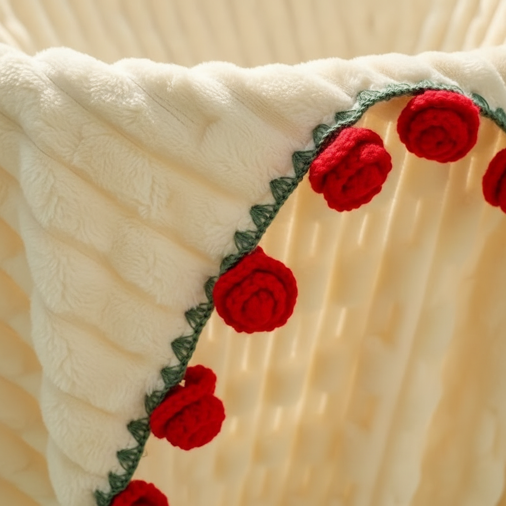 Corner detail of cream fleece blanket with 3D red rose border — anti-pilling soft fleece throw texture close-up by Bohoartis