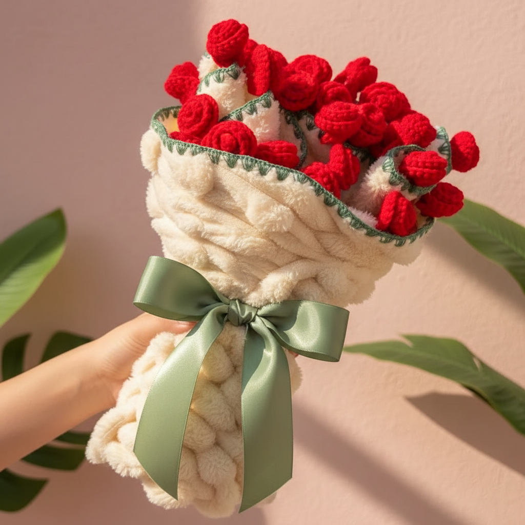 Cream rose bouquet throw blanket held in hands showing sculpted 3D red roses and sage ribbon — romantic floral gift for women by Bohoartis