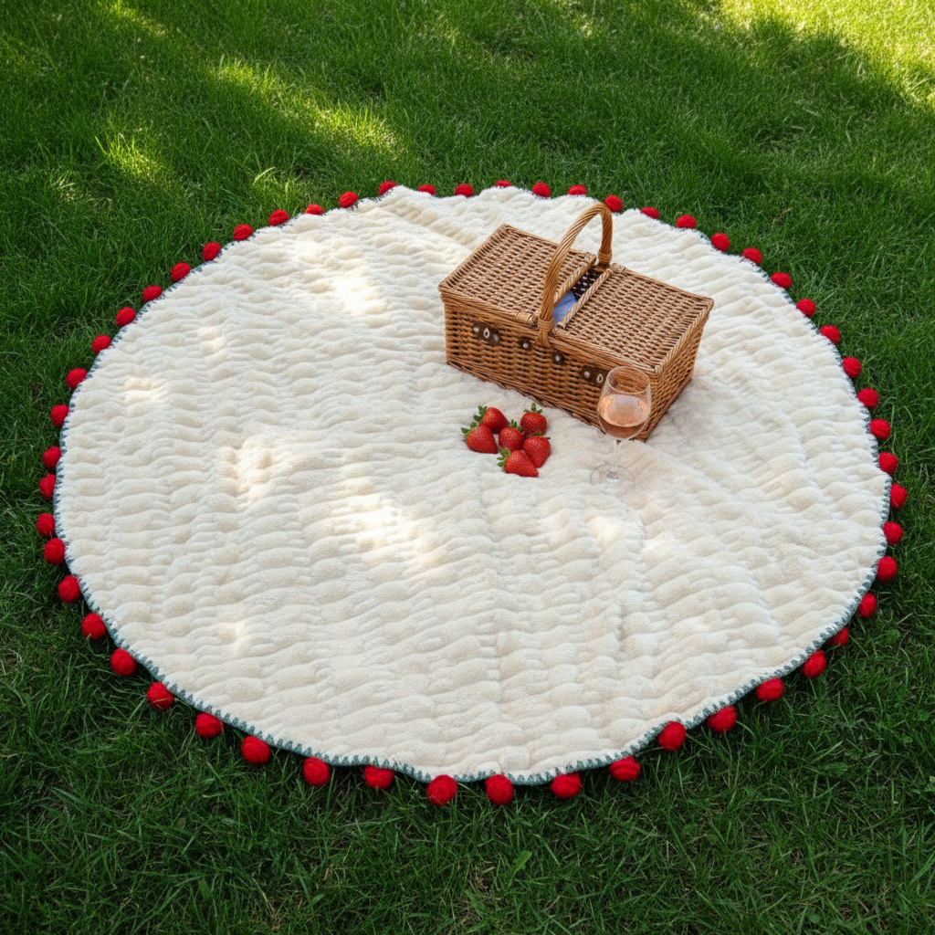 White round floral throw blanket laid flat on green grass with picnic basket — outdoor use and size reference top view