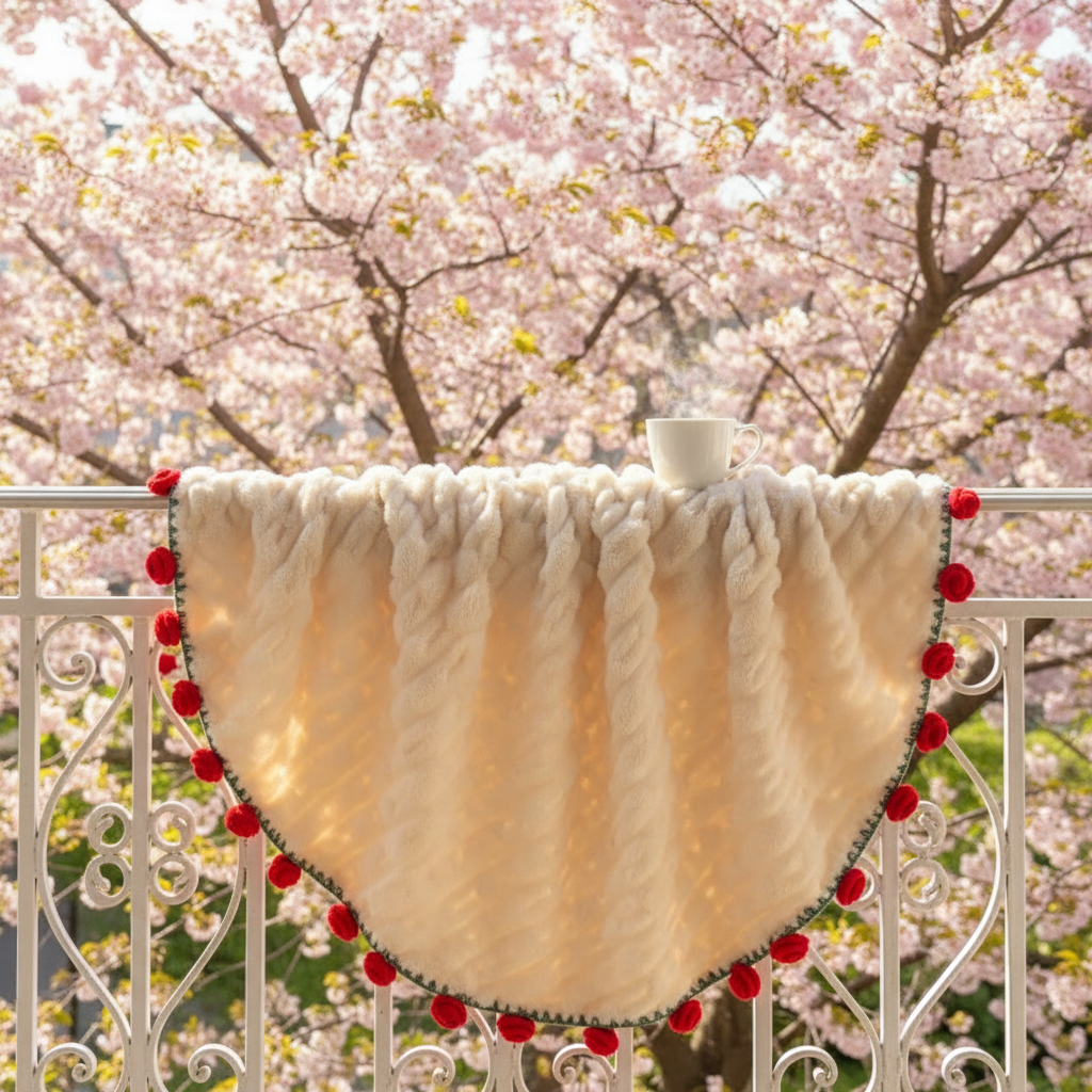 Round rose blanket spread under cherry blossom tree viewed from above — cottagecore decor round throw blanket size reference