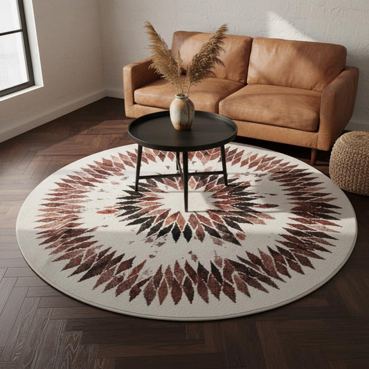 Geometric circle rug — washable dark boho round carpet, main view