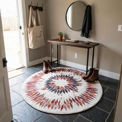 Geometric circle rug styled in boho living room