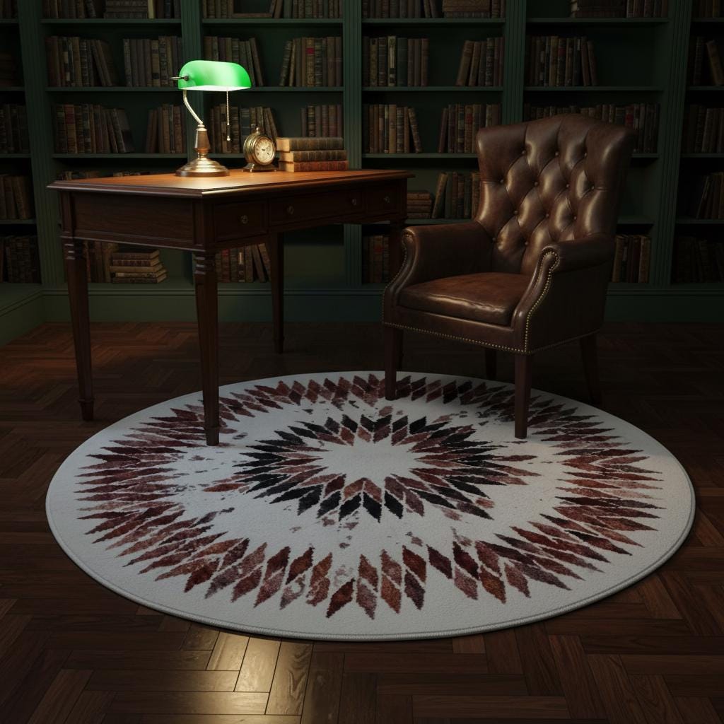 Geometric circle rug styled in dark boho bedroom