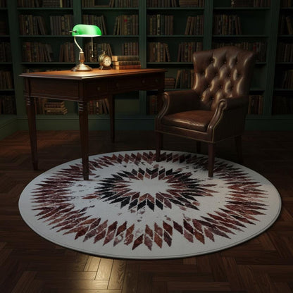 Geometric circle rug styled in dark boho bedroom
