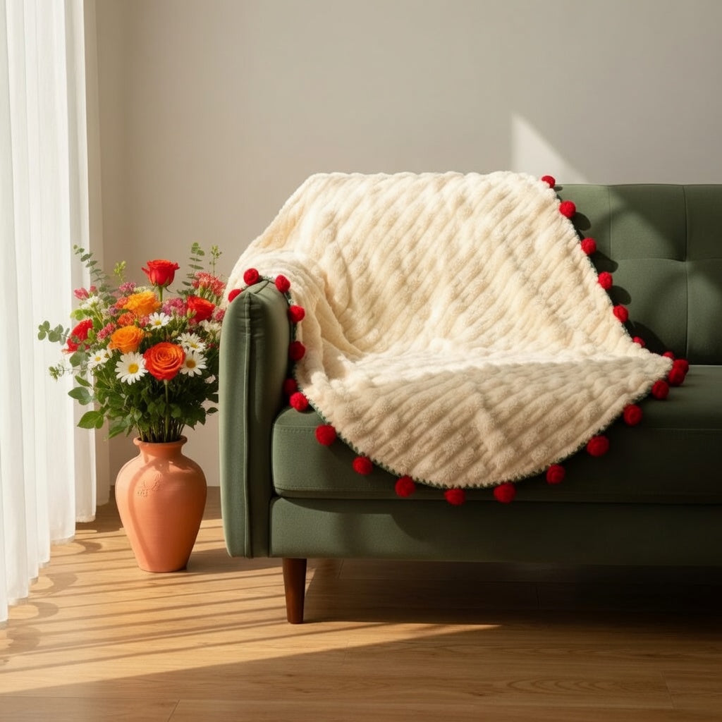 Rose bouquet throw blanket draped over green sofa with autumn floral arrangement — cozy sofa blanket rose home decor living room