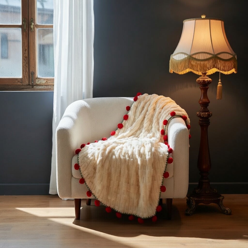 Cream floral throw blanket on armchair beside window with vintage lamp — romantic bedroom cozy fleece throw interior styling