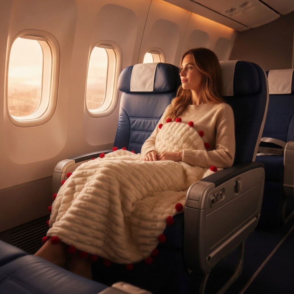 Woman using cream rose throw blanket on airplane — soft fleece travel blanket lightweight floral throw for journey
