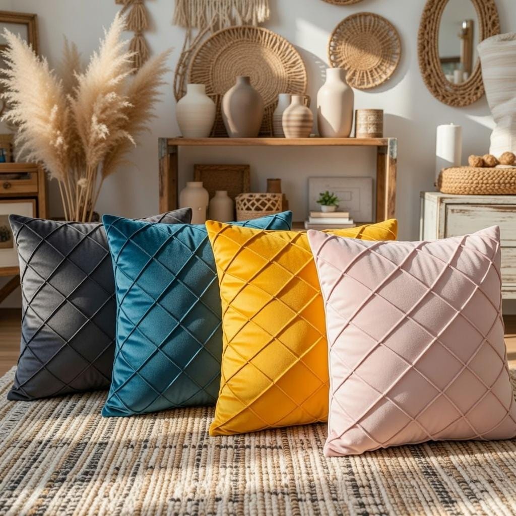 Velvet Cushion Cover | Geometric Throw Pillow | Modern Living Room Decor | Multiple Colors