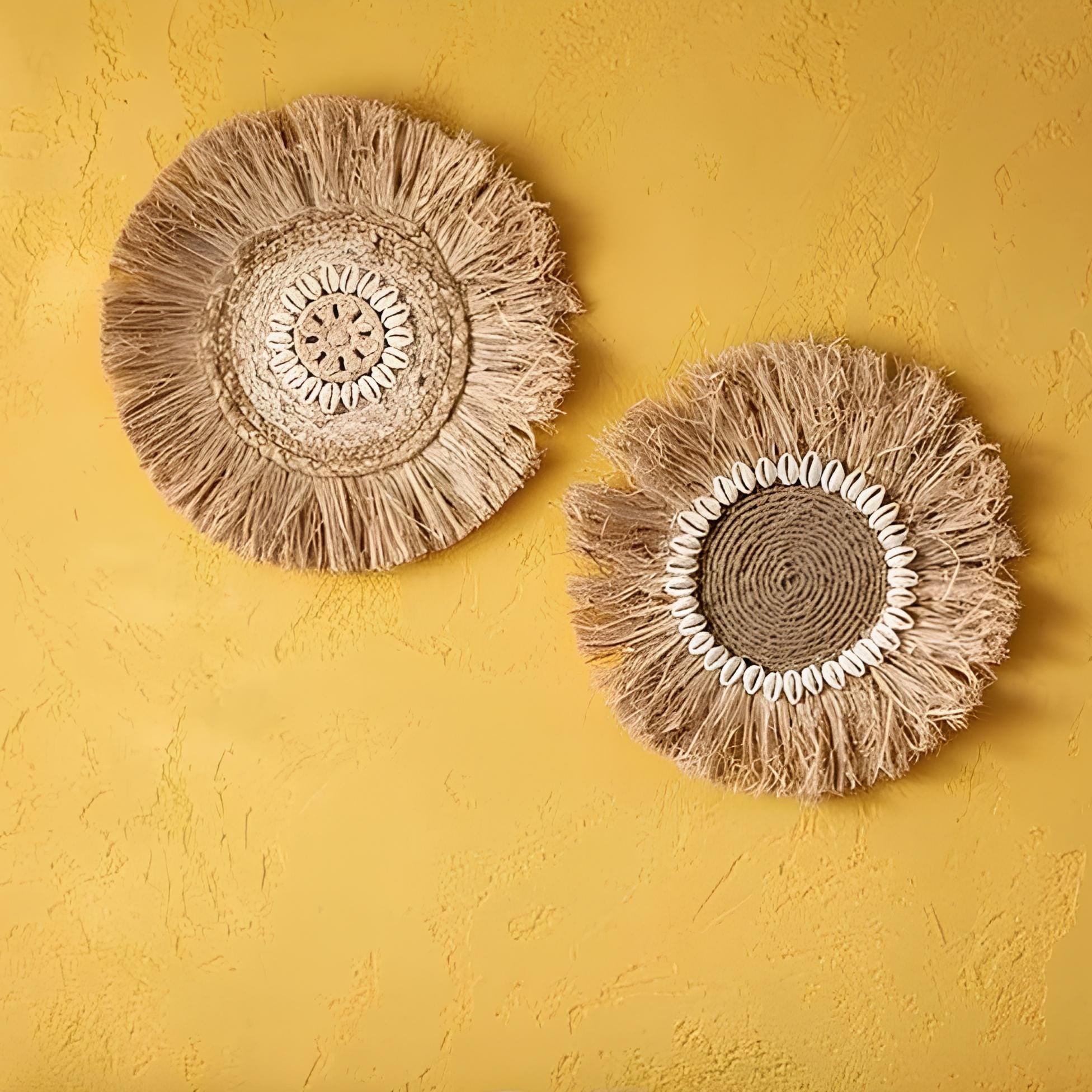 Handmade Raffia Hanging with Cowrie Shells | Boho round Straw Art | Beach House Gift