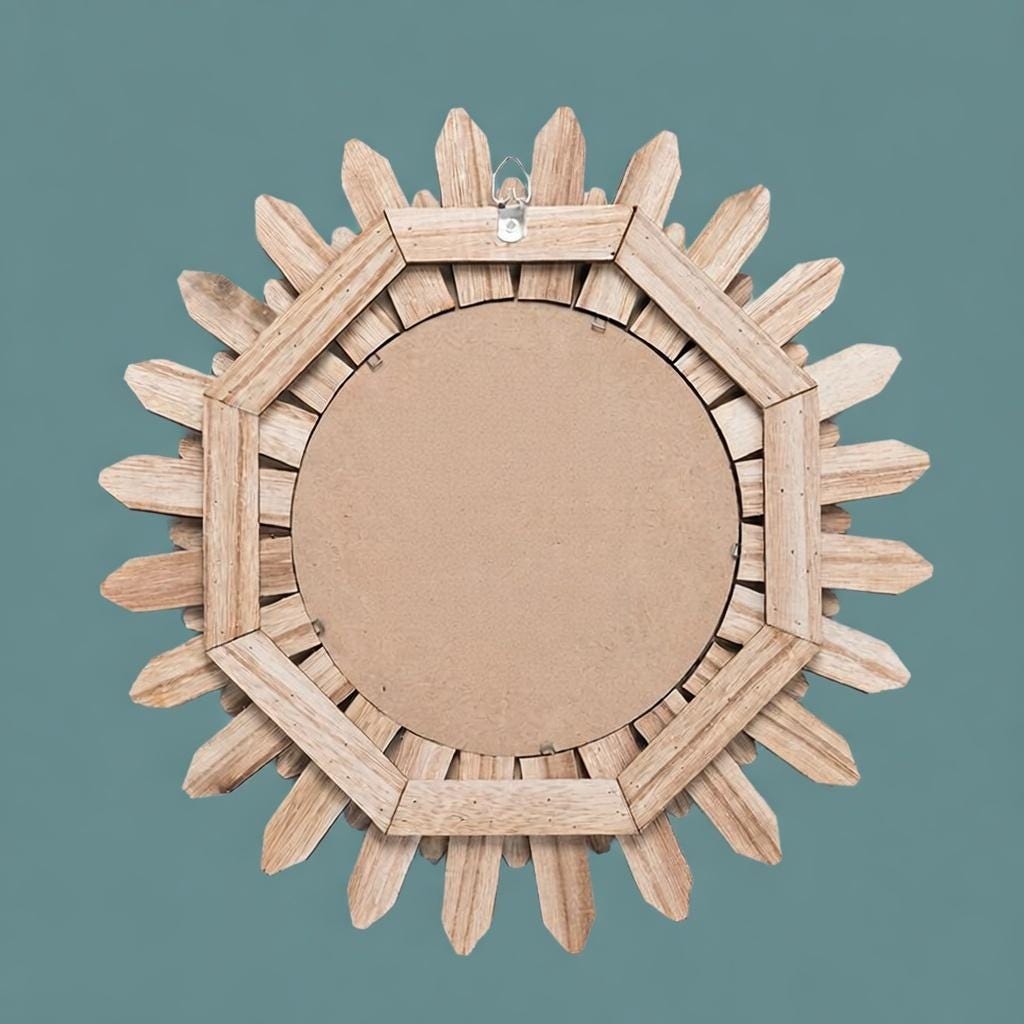 Sunflower Wood Wall Mirror Boho Farmhouse rounSunflower wall mirror back view  — solid natural wood petal frame, clear glass centerd Rustic Decor Cottagecore Entryway Gift