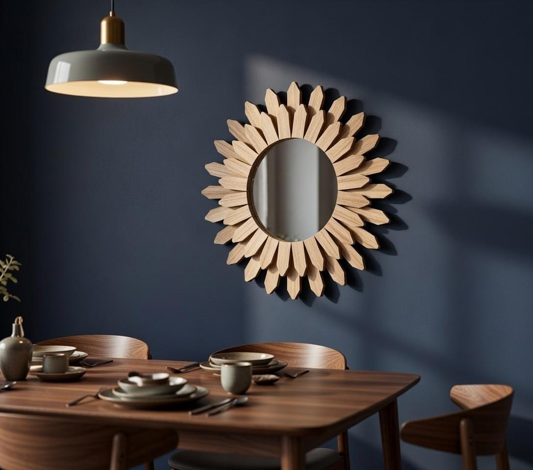 Sunflower wall mirror on blue wall — boho farmhouse round wood mirror for bedroom or hallway