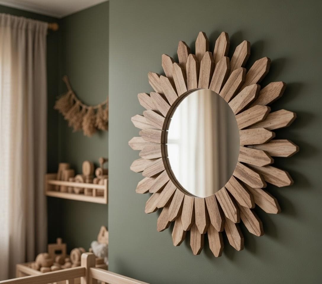 Round sunflower mirror  — wood frame mirror in Scandinavian farmhouse interior