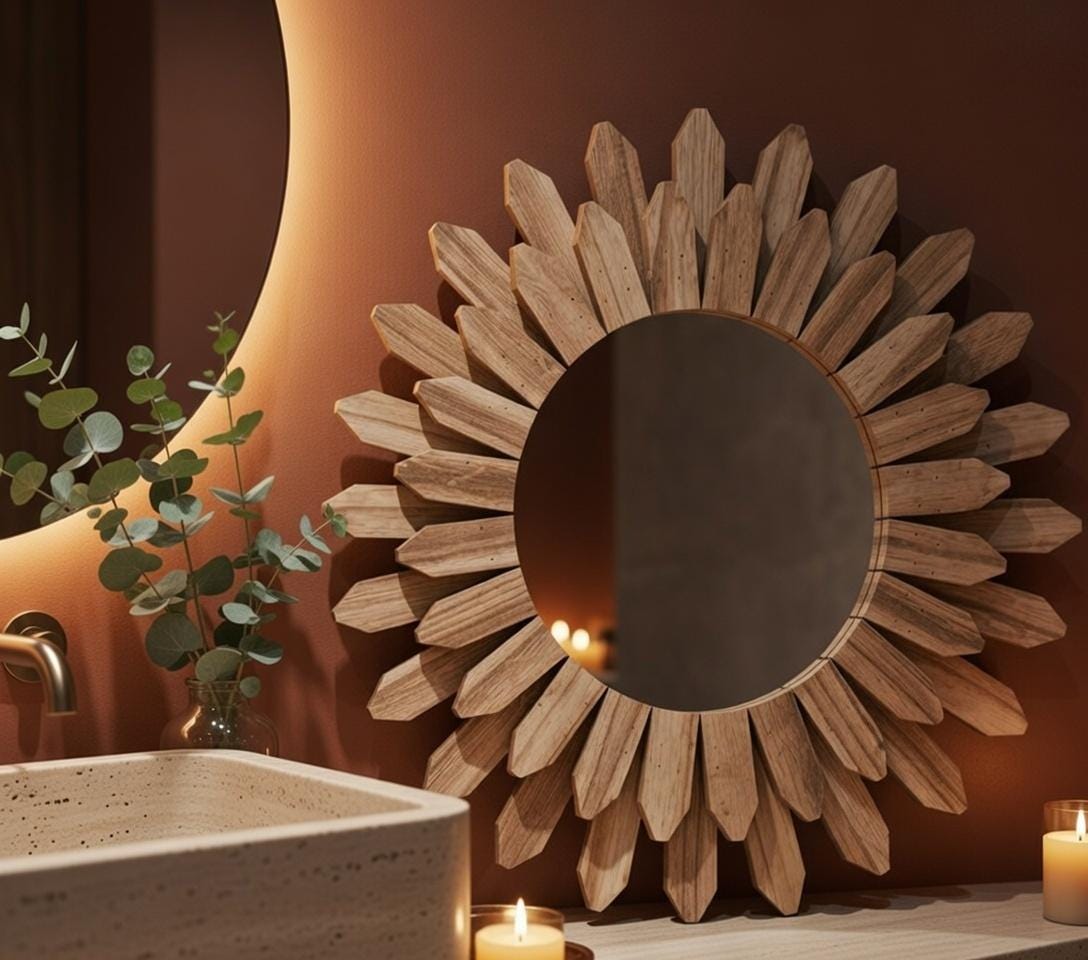 Close-up of sunflower mirror wood petal frame — natural grain detail, boho home decor