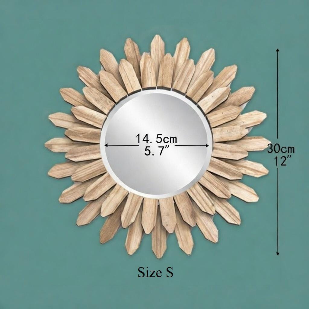 Sunflower mirror size chart — Small 30 cm diameter (12 inch) wood frame mirror dimensions