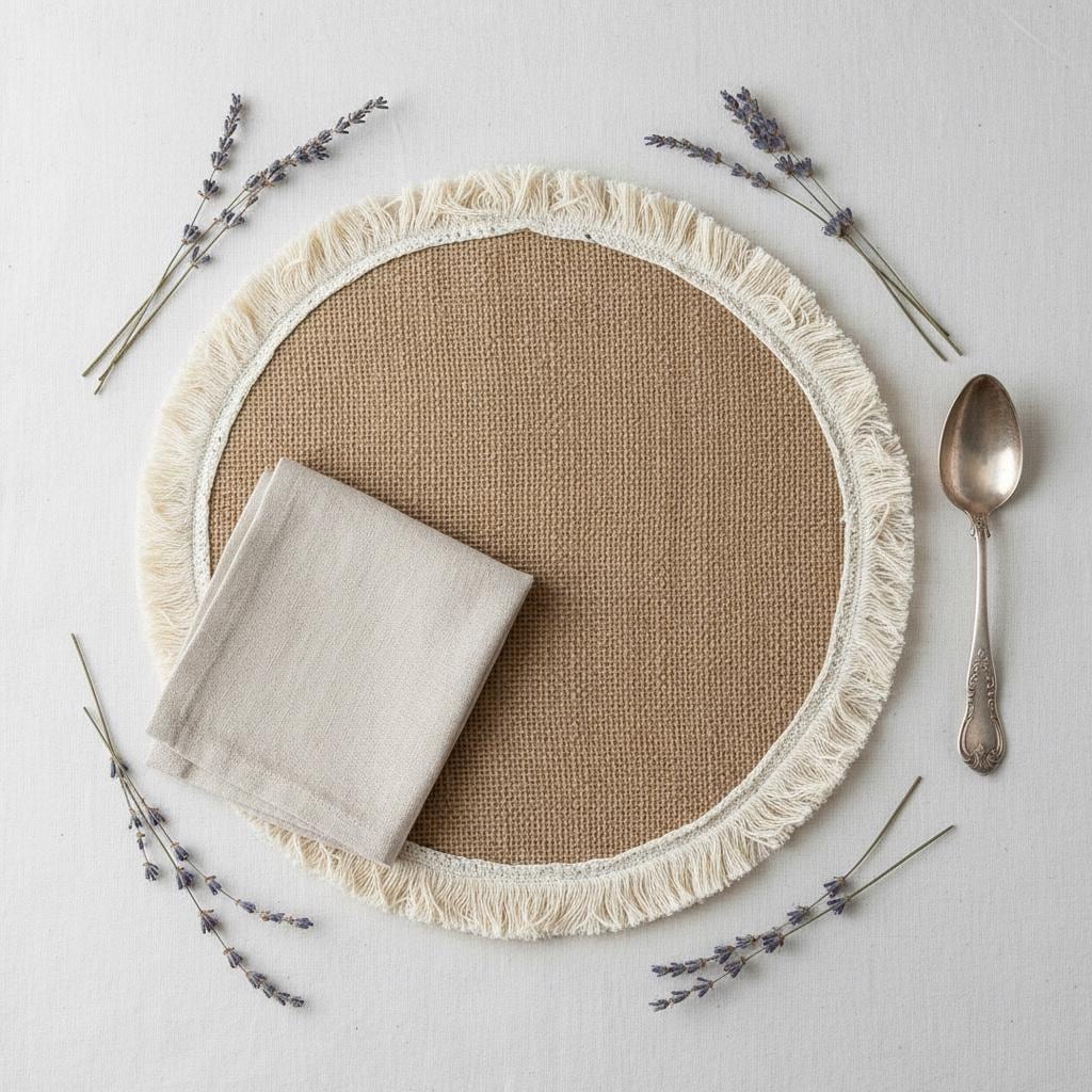 Handmade round Burlap Placemats Set of 4 | Boho Farmhouse Crochet Lace Table Mats