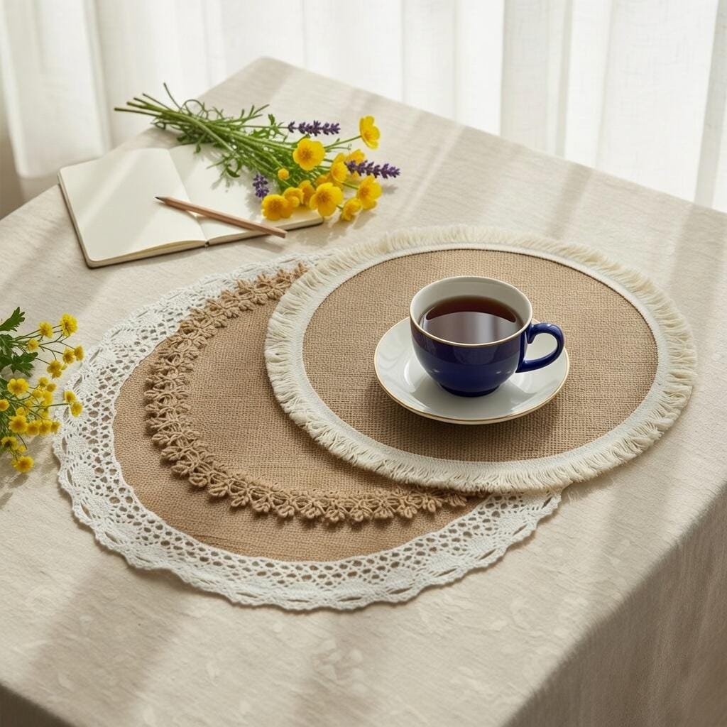 Handmade round Burlap Placemats Set of 4 | Boho Farmhouse Crochet Lace Table Mats