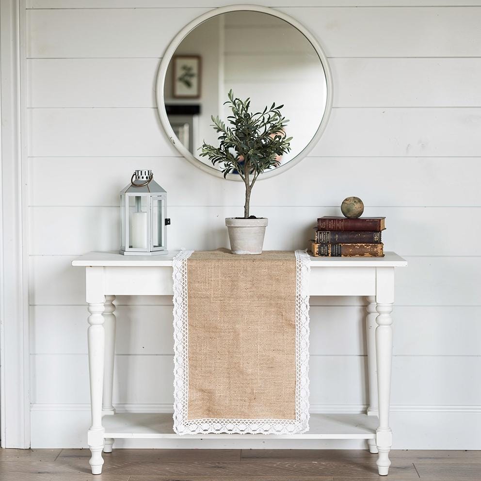 Burlap Table Runner Crochet Lace Tassel | Jute Farmhouse Boho | Rustic Wedding | Baby Shower Dining