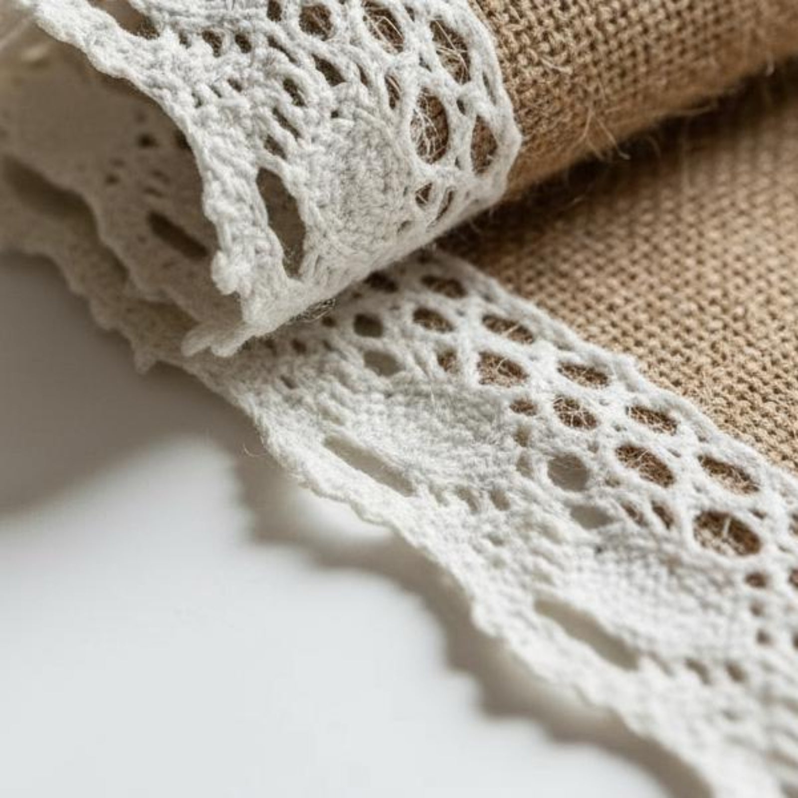 Burlap table runner edge style options: crochet lace, tassel fringe, jute crochet