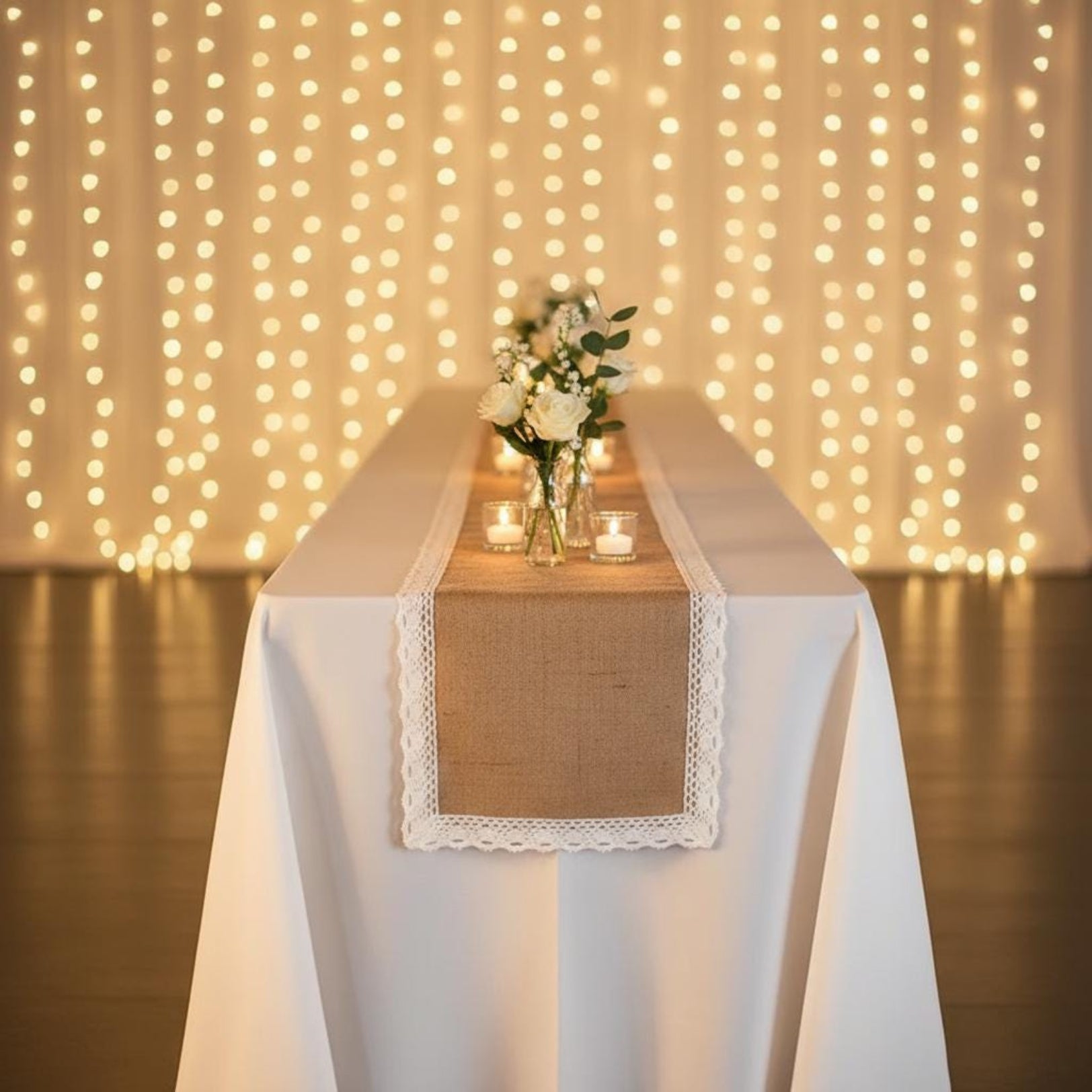 Crochet lace edge close-up on natural jute table runner