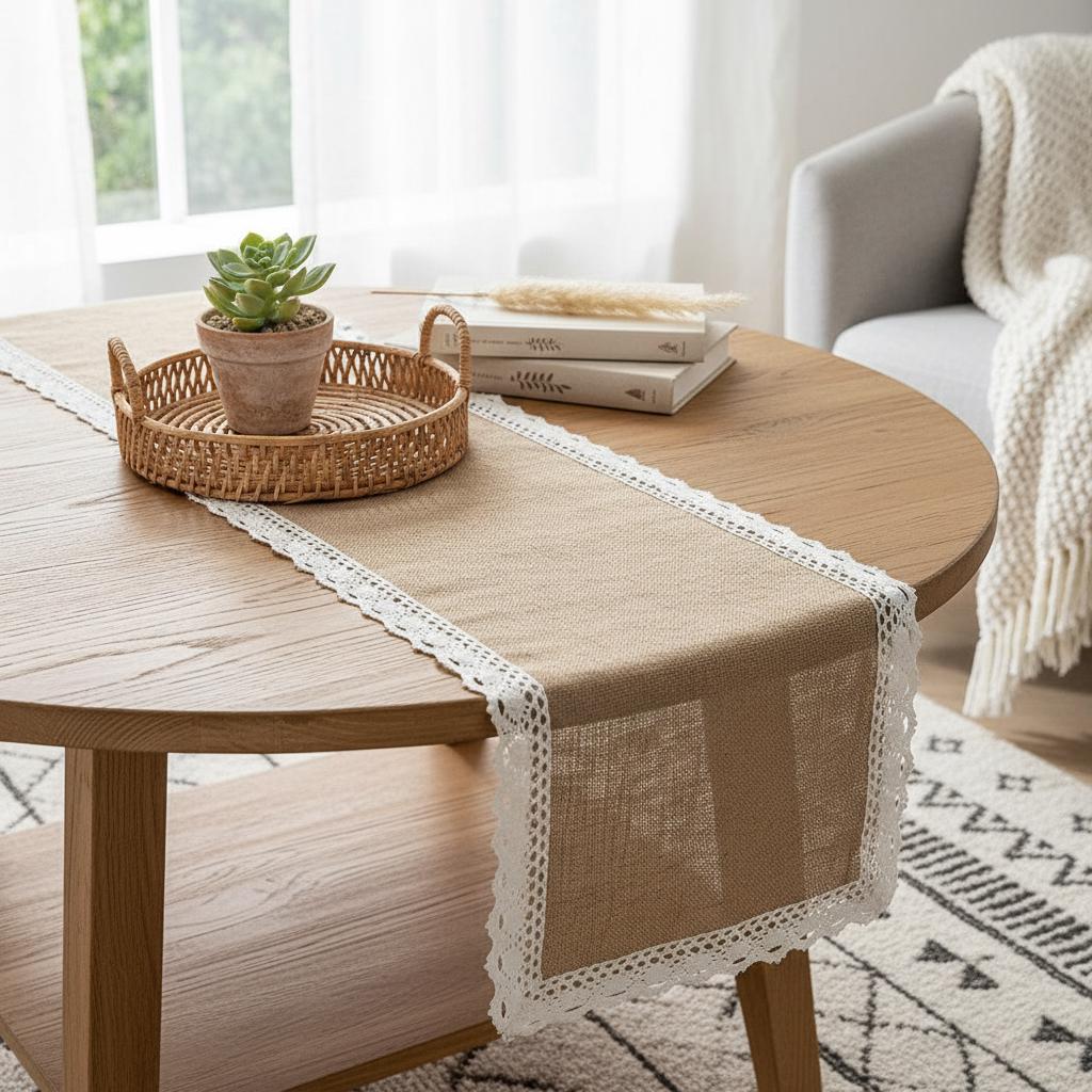Burlap Table Runner Crochet Lace Tassel | Jute Farmhouse Boho | Rustic Wedding | Baby Shower Dining