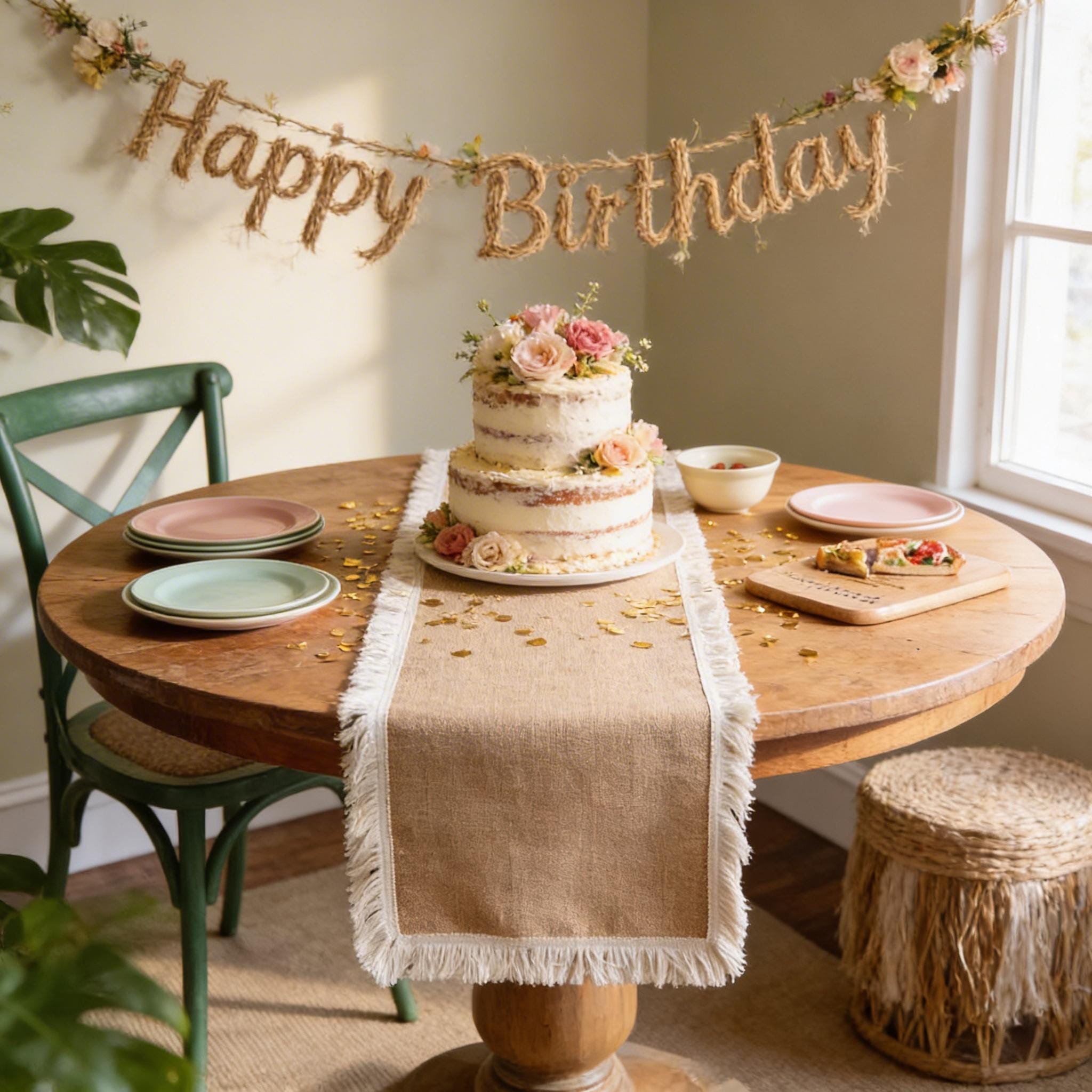 Burlap Table Runner Crochet Lace Tassel | Jute Farmhouse Boho | Rustic Wedding | Baby Shower Dining