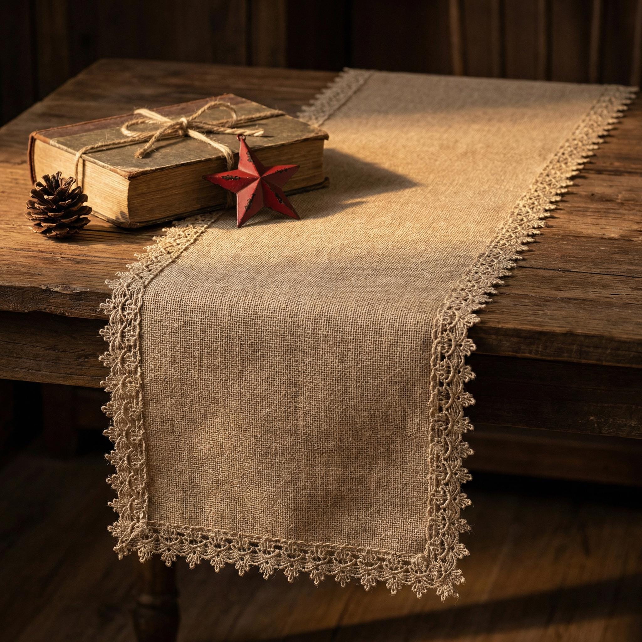 Burlap Table Runner Crochet Lace Tassel | Jute Farmhouse Boho | Rustic Wedding | Baby Shower Dining