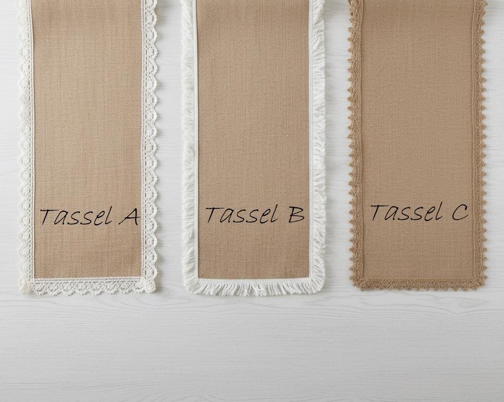 Burlap Table Runner Crochet Lace Tassel | Jute Farmhouse Boho | Rustic Wedding | Baby Shower Dining