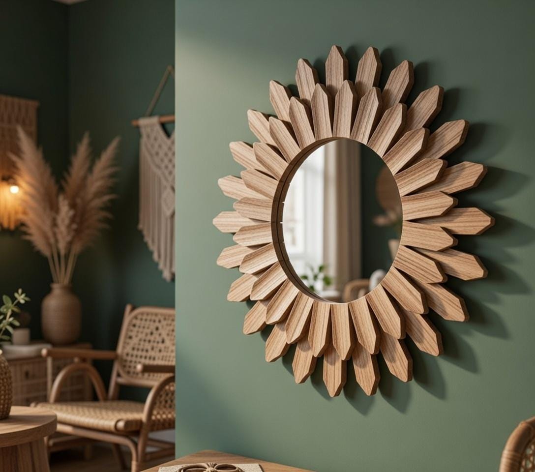 Two sunflower mirrors on sage green wall — round wood frame mirror, farmhouse living room decor