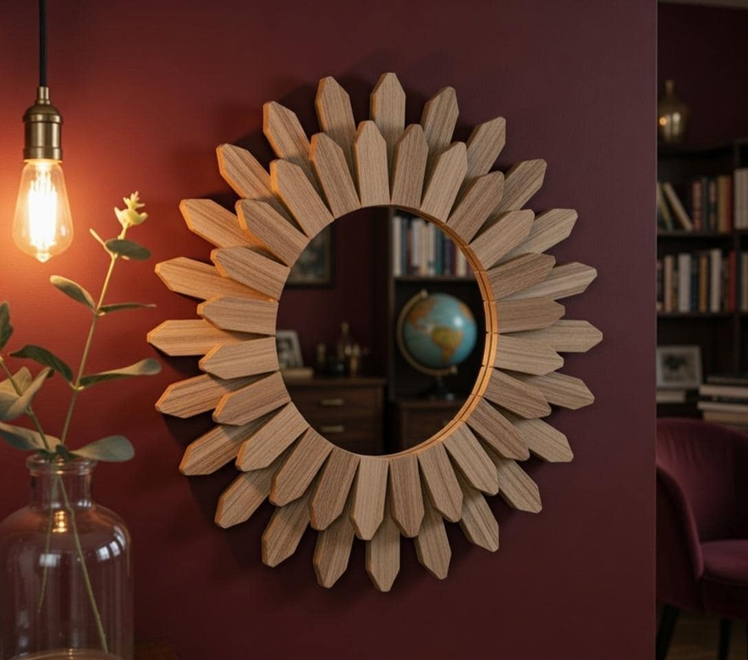 Round wood sunflower mirror catching warm light — boho farmhouse wall decor for entryway or hallway