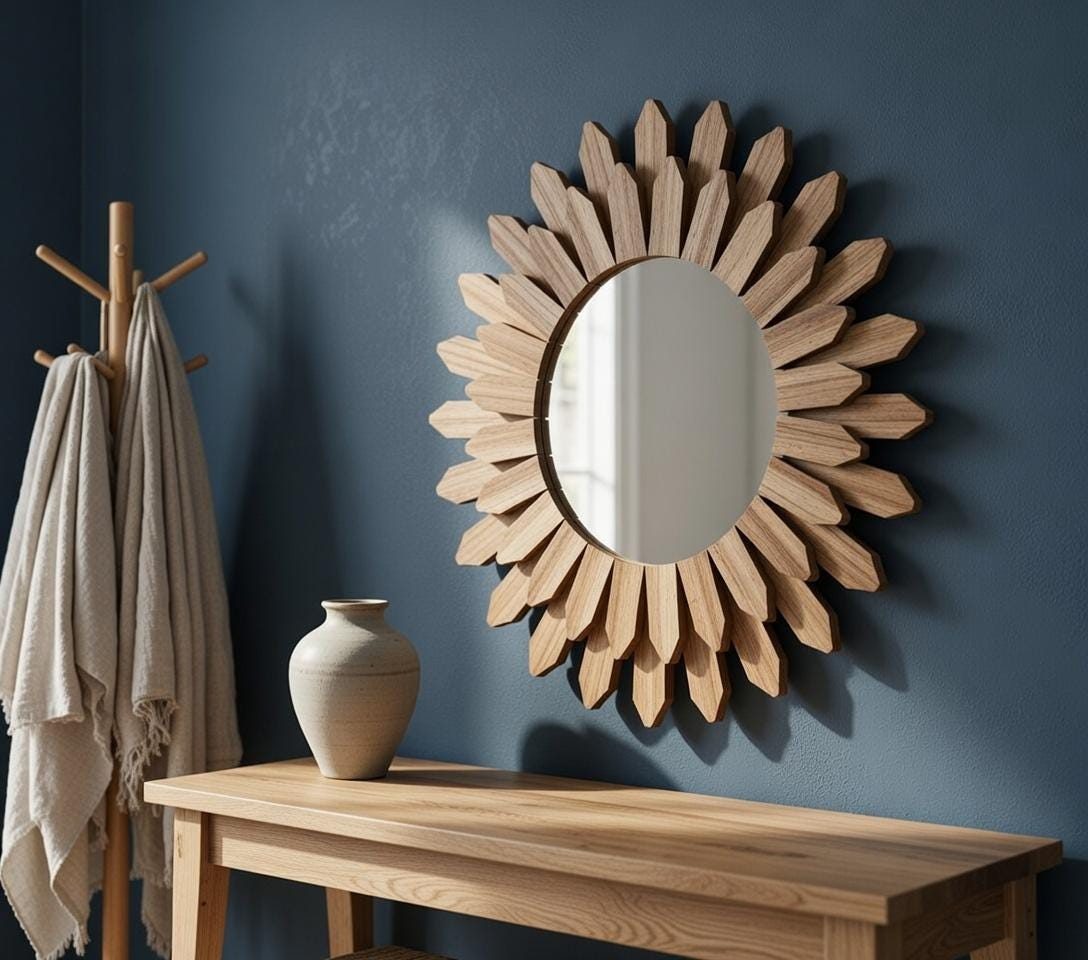 Round sunflower mirror above entryway console — wood frame mirror in Scandinavian farmhouse interior