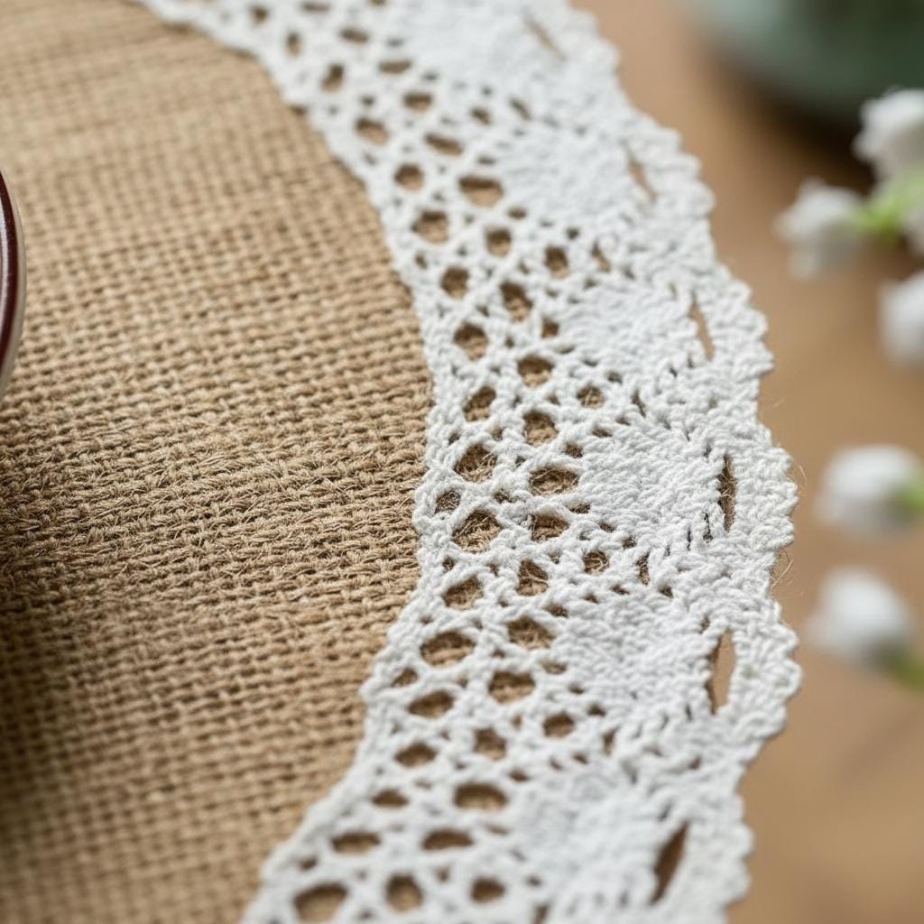 Handmade round Burlap Placemats Set of 4 | Boho Farmhouse Crochet Lace Table Mats