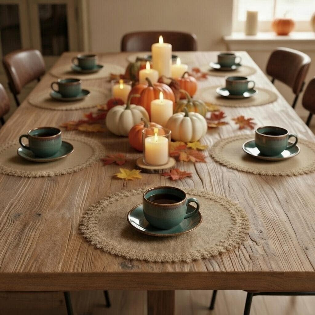 Handmade round Burlap Placemats Set of 4 | Boho Farmhouse Crochet Lace Table Mats