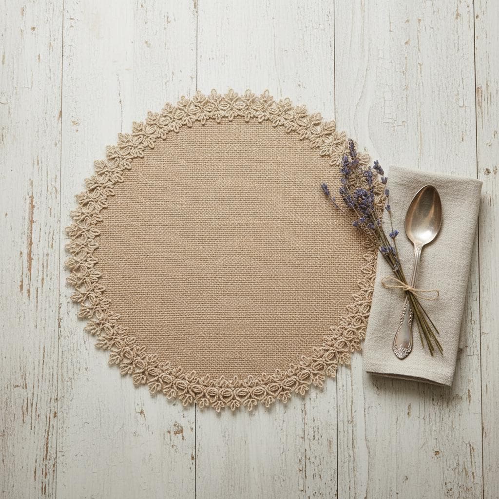Handmade round Burlap Placemats Set of 4 | Boho Farmhouse Crochet Lace Table Mats